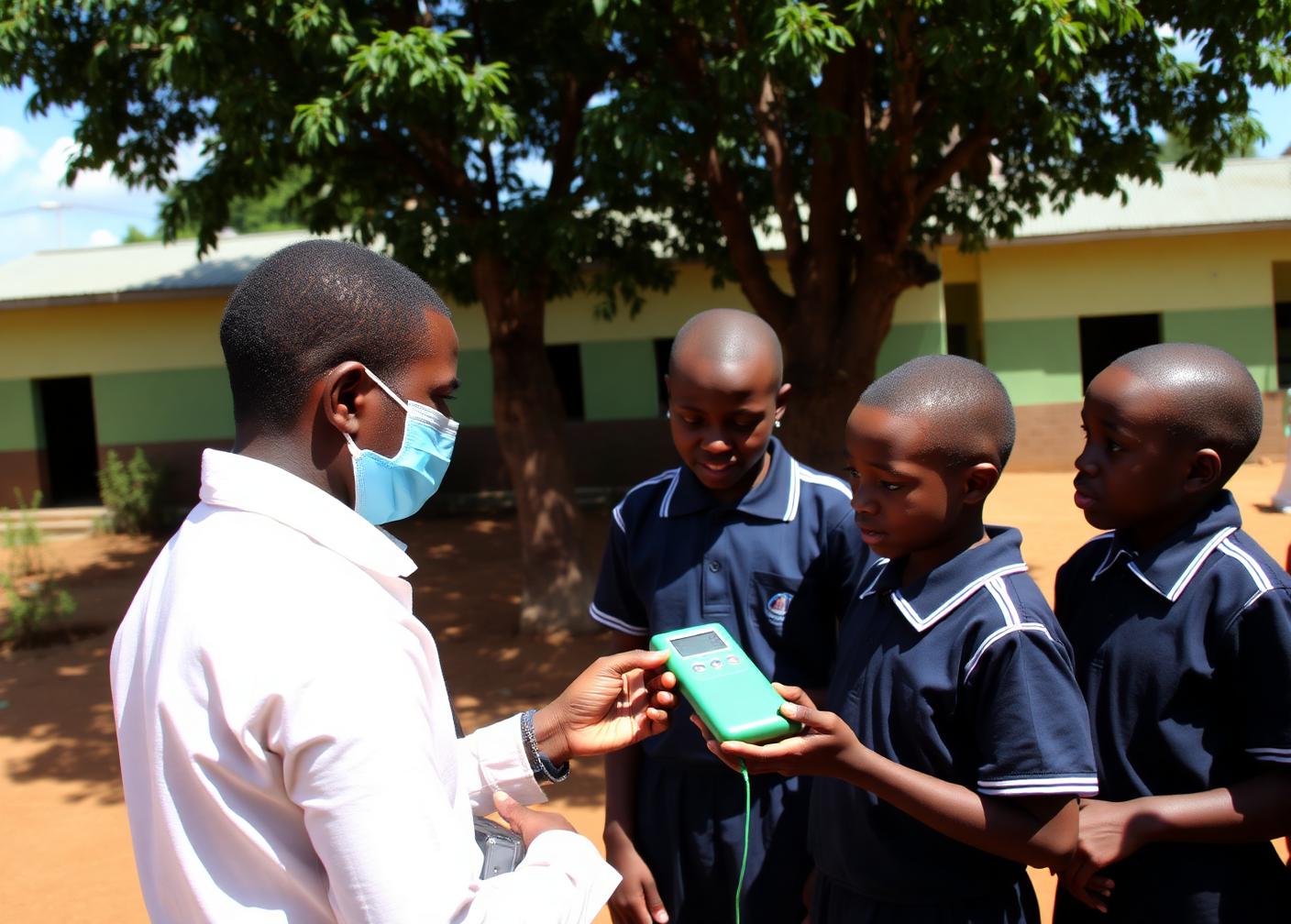 Volunteer showing schoolchildren a portable air sensor during a clean-air outreach session